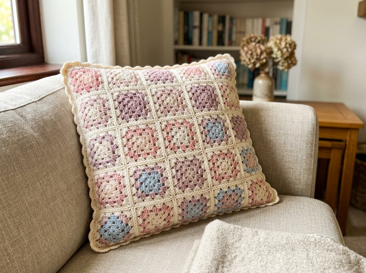 Finished Granny Square Cushion Cover — free crochet pattern